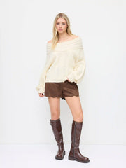Cable Knit Off-shoulder Lantern Sleeve Oversized Top