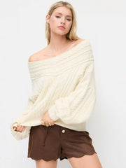 Cable Knit Off-shoulder Lantern Sleeve Oversized Top
