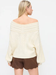 Cable Knit Off-shoulder Lantern Sleeve Oversized Top