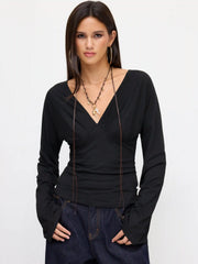 V-neck Solid Tie Back Bell Sleeve Top