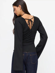 V-neck Solid Tie Back Bell Sleeve Top