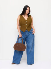 V-neck Metal Button Belted Asymmetrical Hem Blazer Vest Curve & Plus