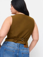 V-neck Metal Button Belted Asymmetrical Hem Blazer Vest Curve & Plus