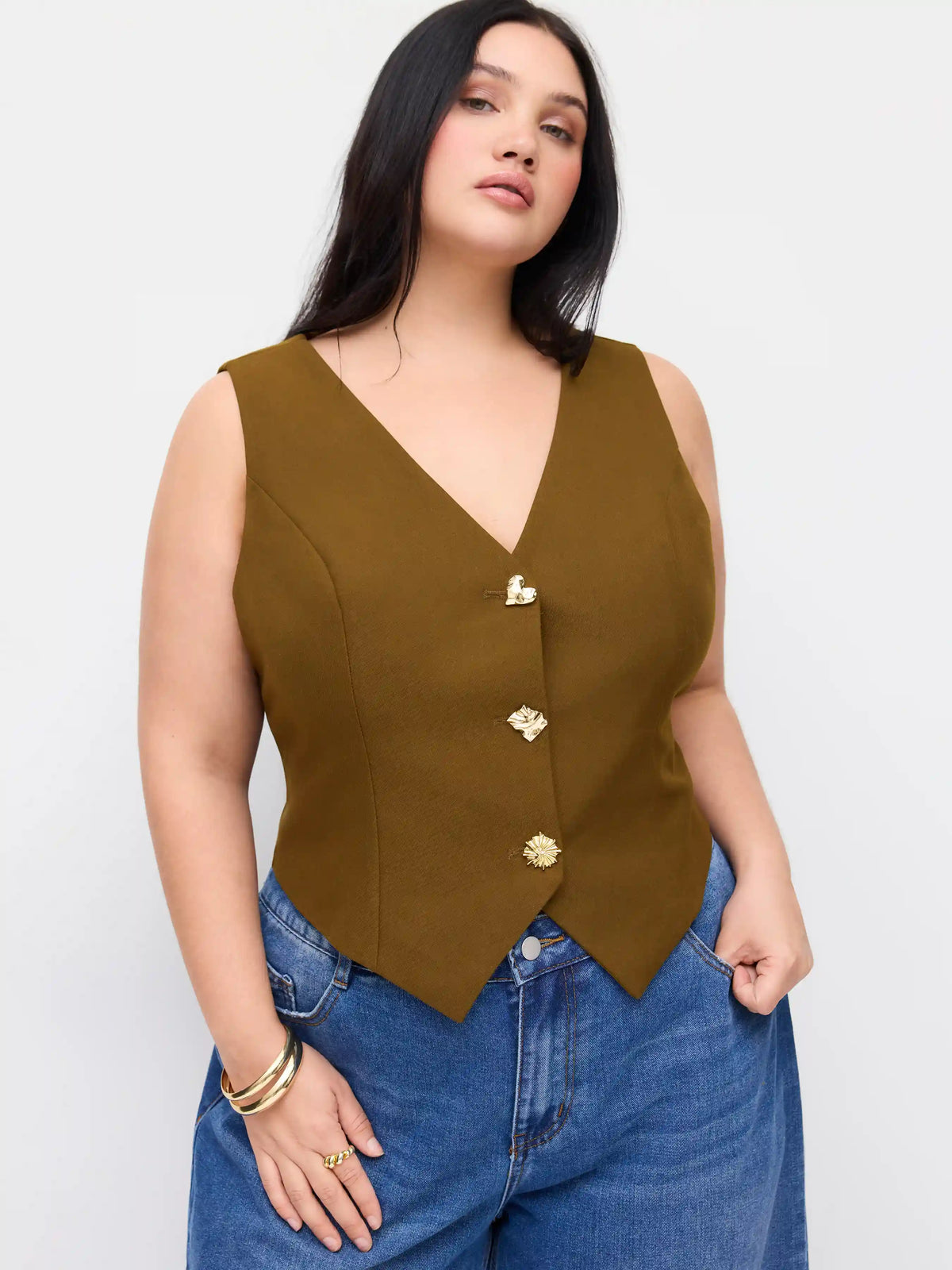 V-neck Metal Button Belted Asymmetrical Hem Blazer Vest Curve & Plus