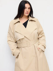 Notched Collar Oversized Trench Coat With Belt Curve & Plus