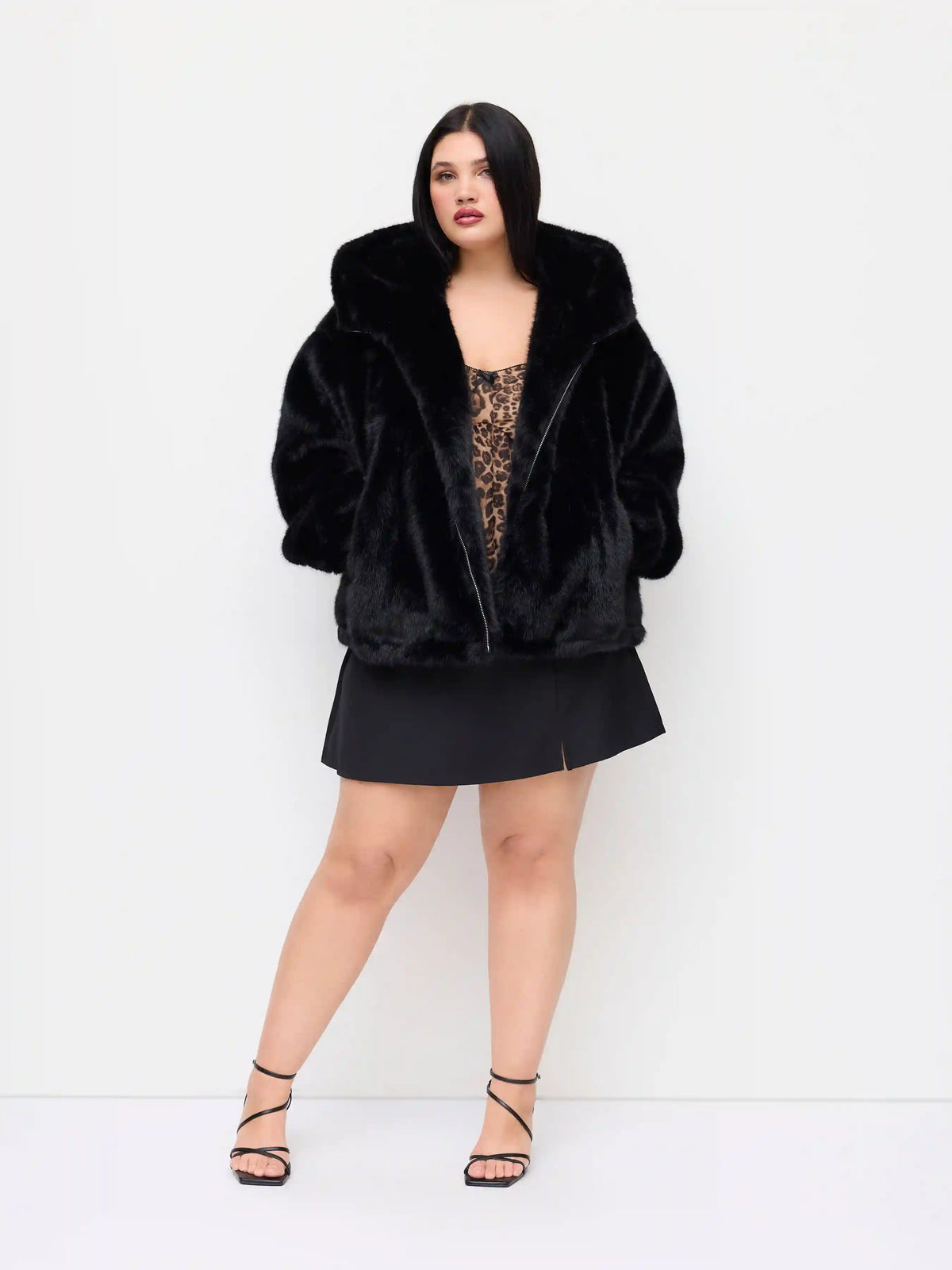 Faux Fur Hooded Long Sleeve Zip Through Drawstring Oversized Jacket Curve & Plus