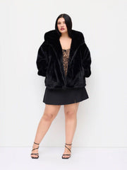 Faux Fur Hooded Long Sleeve Zip Through Drawstring Oversized Jacket Curve & Plus