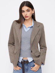 Notched Collar Houndstooth Cinched Waist Blazer