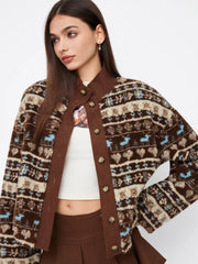 Fleece Aztec Print Stand Collar Long Sleeve Drawstring Button Jacket