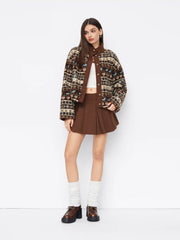 Fleece Aztec Print Stand Collar Long Sleeve Drawstring Button Jacket