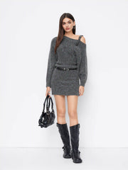 Knit Wool-blend Asymmetrical Neck Mini Dress With Belt
