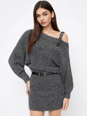 Knit Wool-blend Asymmetrical Neck Mini Dress With Belt