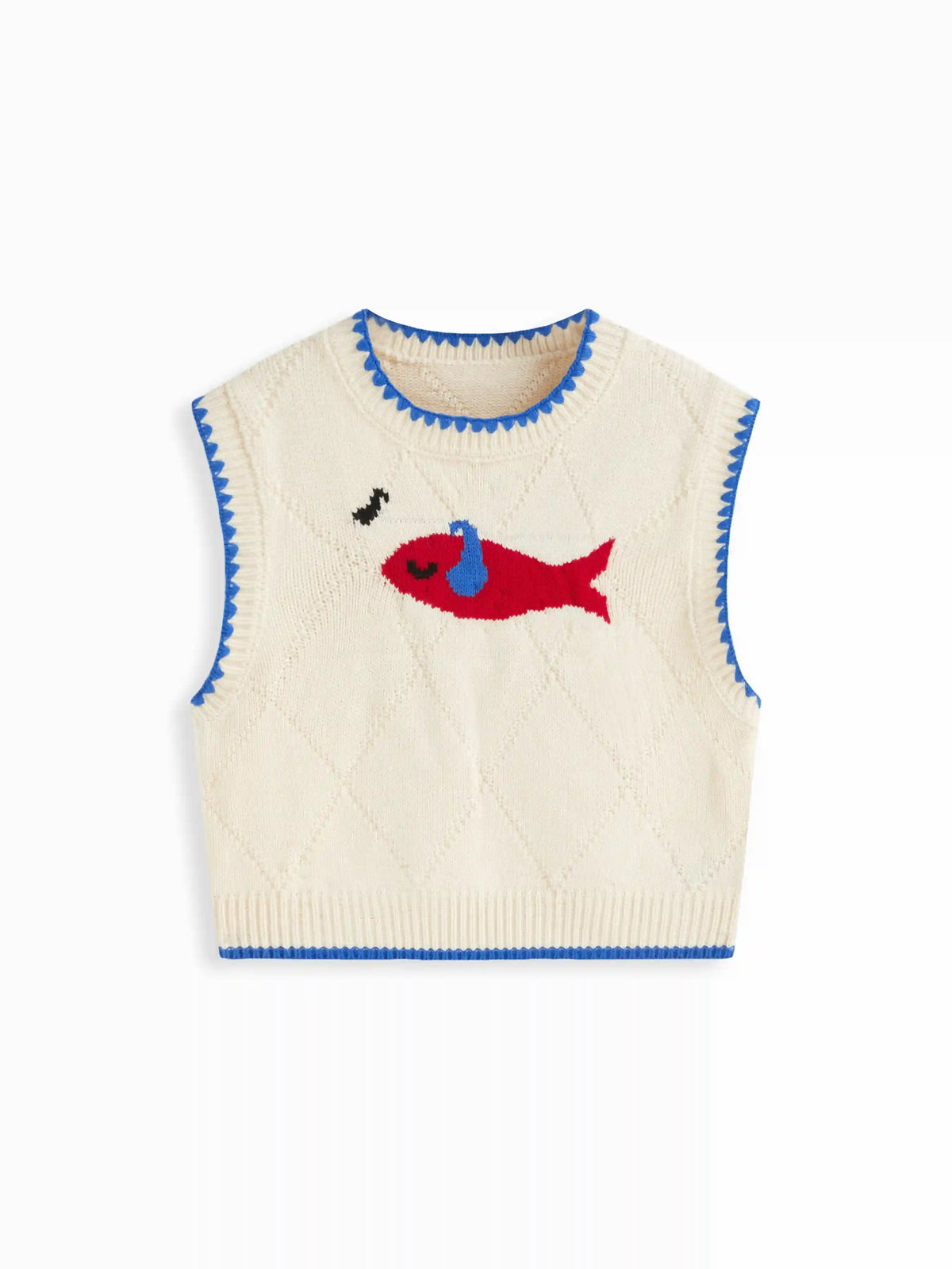 Knit Round Neckline Fish Graphic Contrasting Binding Knitted Vest