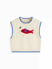 Knit Round Neckline Fish Graphic Contrasting Binding Knitted Vest