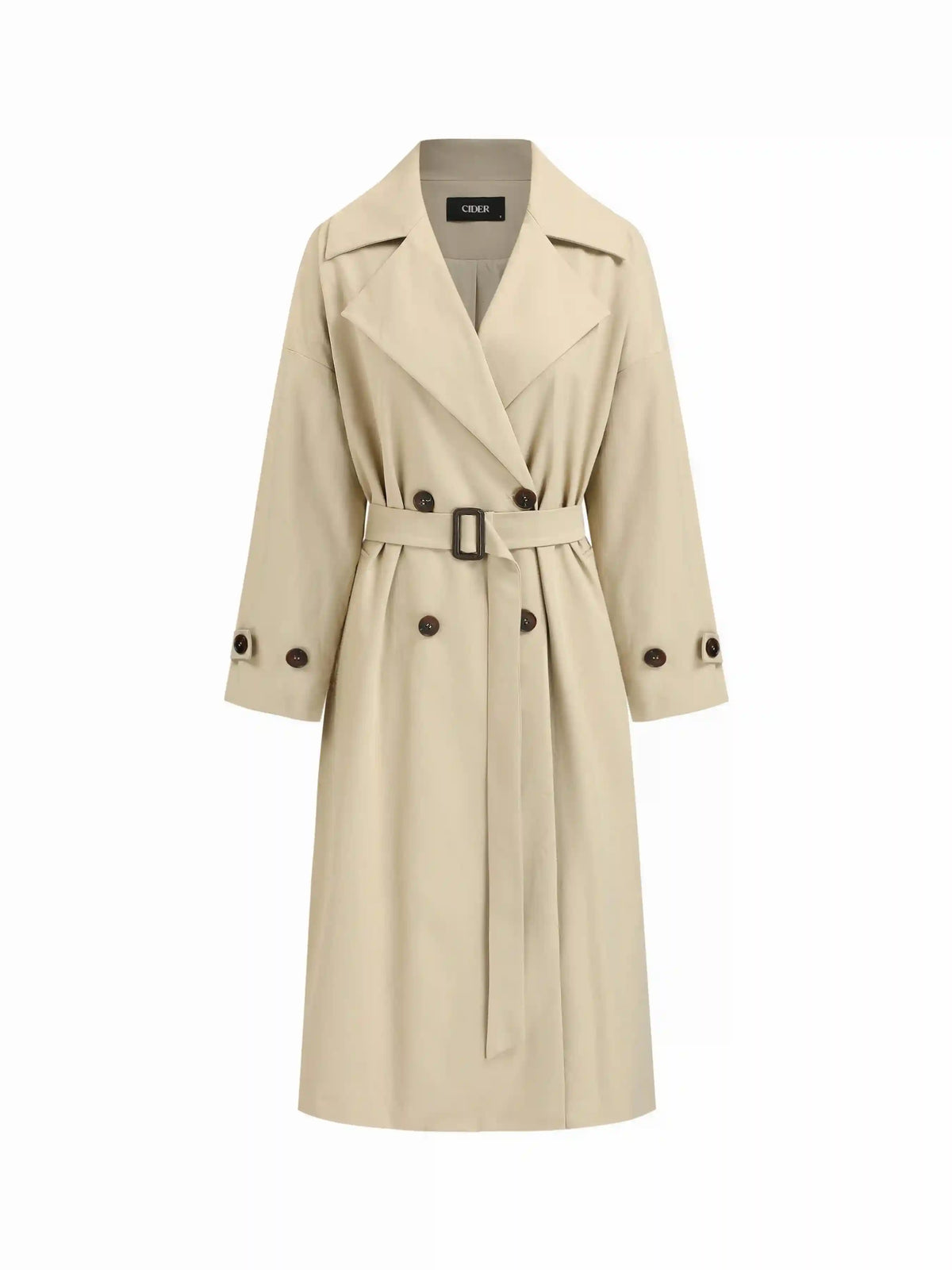 Notched Collar Double Breasted Oversized Trench Coat With Belt