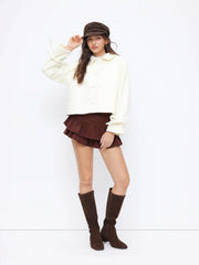 Wool-look Peter Pan Collar Long Sleeve Bowknot Button Jacket