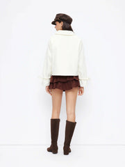 Wool-look Peter Pan Collar Long Sleeve Bowknot Button Jacket