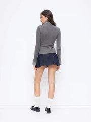Cotton Plaid Polo Collar Ruched Two Tone Top