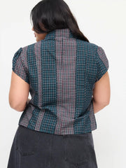 Cotton-blend Asymmetrical Button Two Tone Patched Shirt Curve & Plus