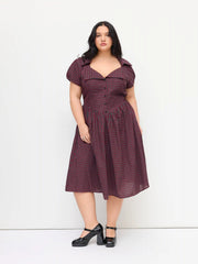 Cotton-blend Sweetheart Puff Sleeve Plaid Buckle Midi Dress Curve & Plus