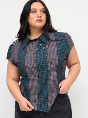 Cotton-blend Asymmetrical Button Two Tone Patched Shirt Curve & Plus