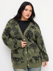 Knit V-neck Mushroom Graphic Cardigan Curve & Plus
