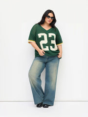 Knit V-neck 23 Graphic Hollow out Oversized Top Curve & Plus