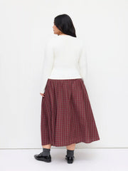 Cotton Mid Rise Plaid Bowknot Ruched Maxi Skirt Curve & Plus