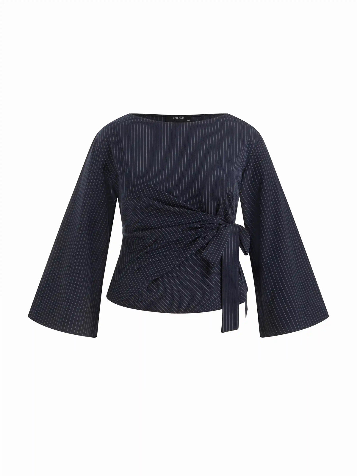 Boat Neck Stripe Knotted Bell Sleeve Blouse Curve & Plus