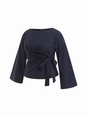 Boat Neck Stripe Knotted Bell Sleeve Blouse Curve & Plus