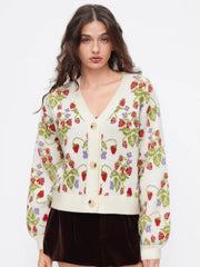 Knit V-neck Strawberry Button Oversized Cardigan
