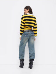 Cotton-blend Collar Striped Ruched Long Sleeve Oversized Tee
