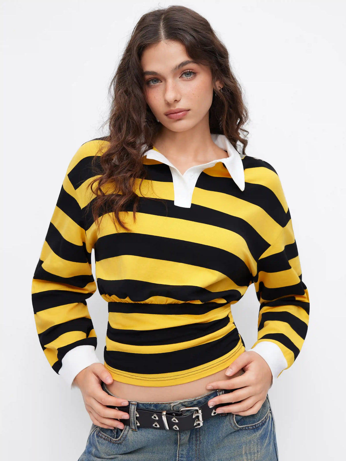 Cotton-blend Collar Striped Ruched Long Sleeve Oversized Tee