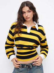 Cotton-blend Collar Striped Ruched Long Sleeve Oversized Tee