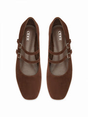 FAUX SUEDE SQUARE TOE BUCKLE MARY JANE FLATS