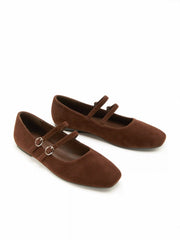 FAUX SUEDE SQUARE TOE BUCKLE MARY JANE FLATS