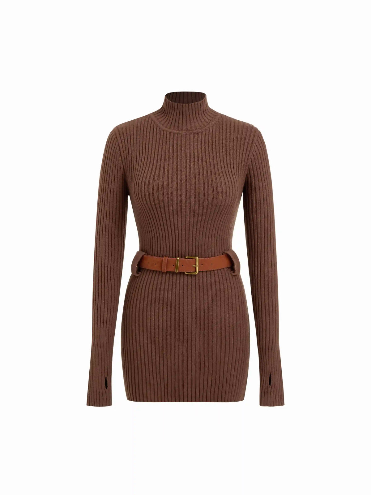 Knit High Neck Long Sleeve Sweater With Belt