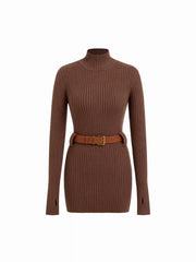 Knit High Neck Long Sleeve Sweater With Belt