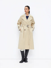 Notched Collar Double Breasted Oversized Trench Coat With Belt