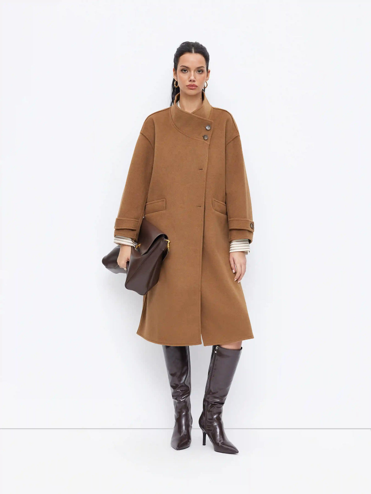 Wool-look Funnel Neck Button Longline Trench Coat