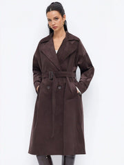Corduroy Notched Collar Double Breasted Trench Coat With Belt