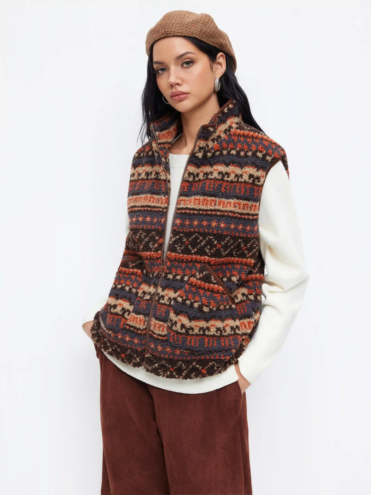 Fleece Aztec Stand Collar Drawstring Zip Through Oversized Jacket Vest