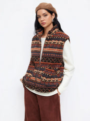 Fleece Aztec Stand Collar Drawstring Zip Through Oversized Jacket Vest