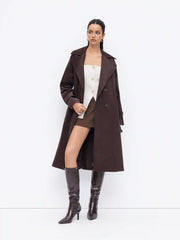 Corduroy Notched Collar Double Breasted Trench Coat With Belt