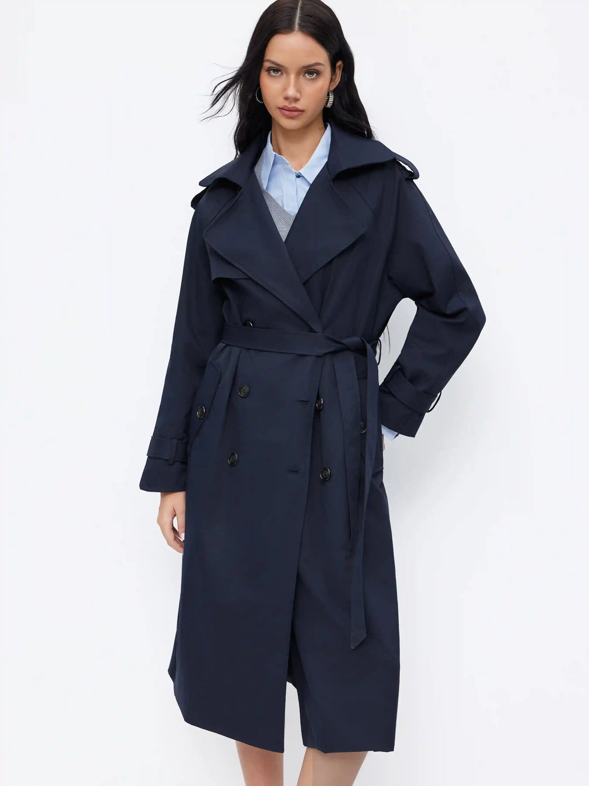 Collar Long Sleeve Double Breasted Trench Coat With Belt