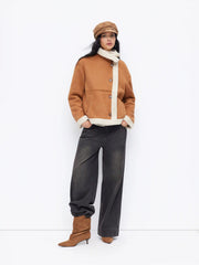 Faux Shearling Collar Button Through Oversized Jacket