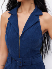 Corduroy Collar V-neck Zip Through Flared Jumpsuit With Belt