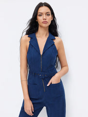 Corduroy Collar V-neck Zip Through Flared Jumpsuit With Belt