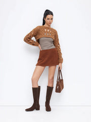 Knit Round Neckline Hollow Out Long Sleeve Crop Top