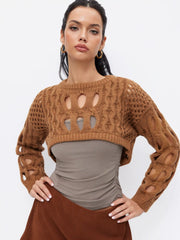 Knit Round Neckline Hollow Out Long Sleeve Crop Top